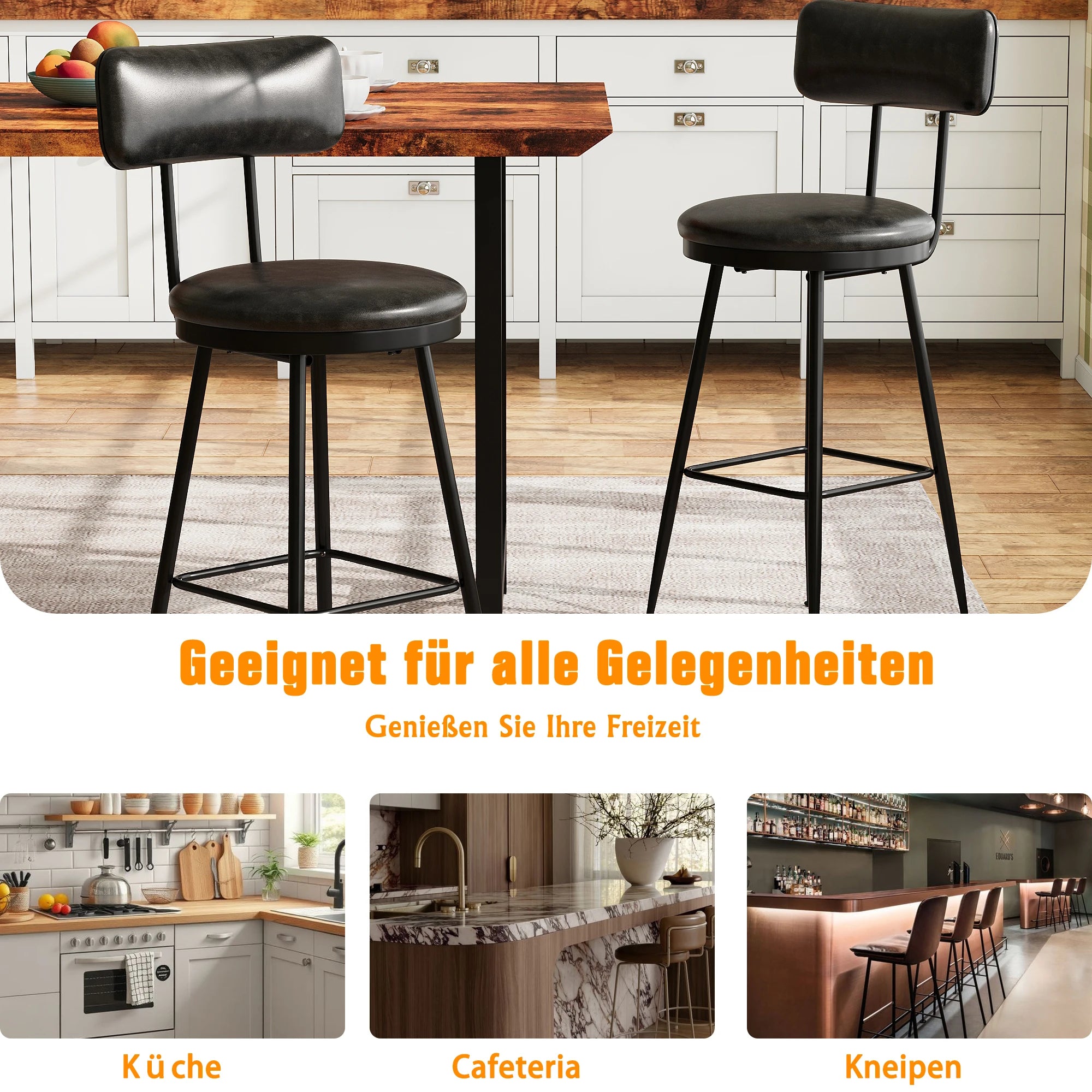 WoodenAura Barhocker 4er Set – Hohe Barstühle mit Rückenlehne aus Kunstleder, Mid-Century Modern Design für Küche & Bar