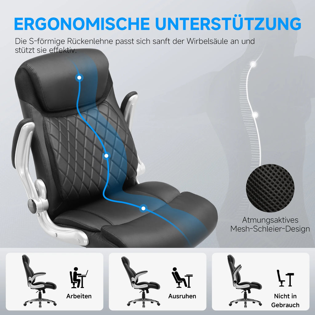 COMHOMA Ergonomischer Bürostuhl aus kratzfestem Leder – Höhenverstellbarer Drehstuhl mit hoher Rückenlehne, Wippfunktion &amp; klappbaren Armlehnen 