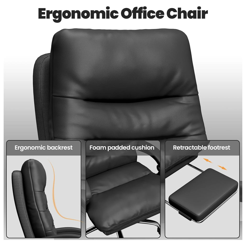 Executive Bürostuhl Big &amp; Tall aus PU-Leder mit Fußstütze – Ergonomischer Chefsessel, höhenverstellbar &amp; neigbar für Büro &amp; Homeoffice 