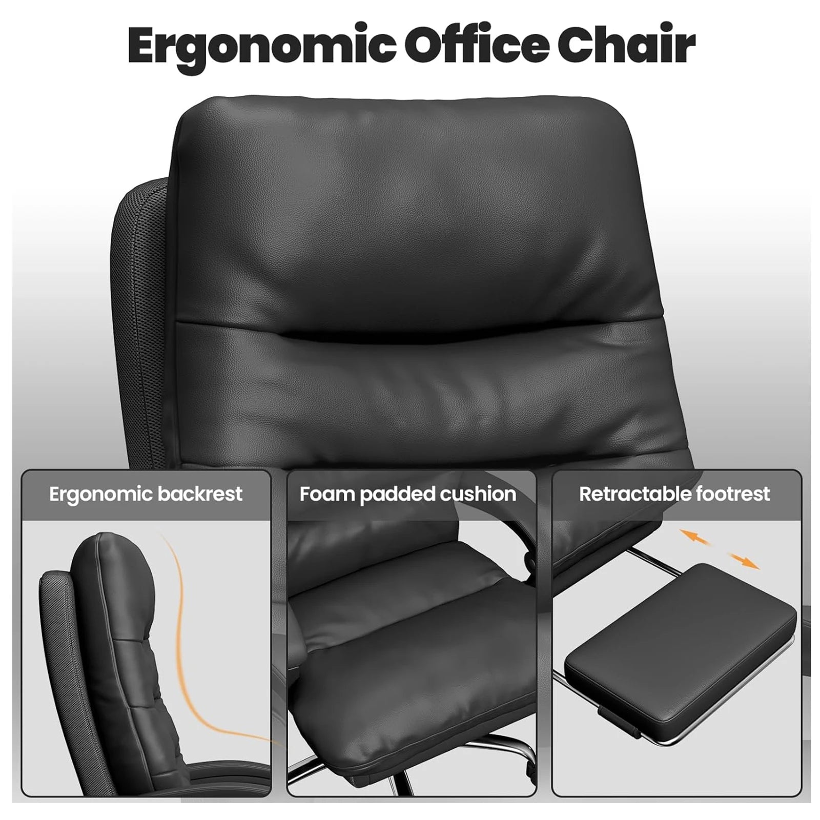 Executive Bürostuhl Big &amp; Tall aus PU-Leder mit Fußstütze – Ergonomischer Chefsessel, höhenverstellbar &amp; neigbar für Büro &amp; Homeoffice 