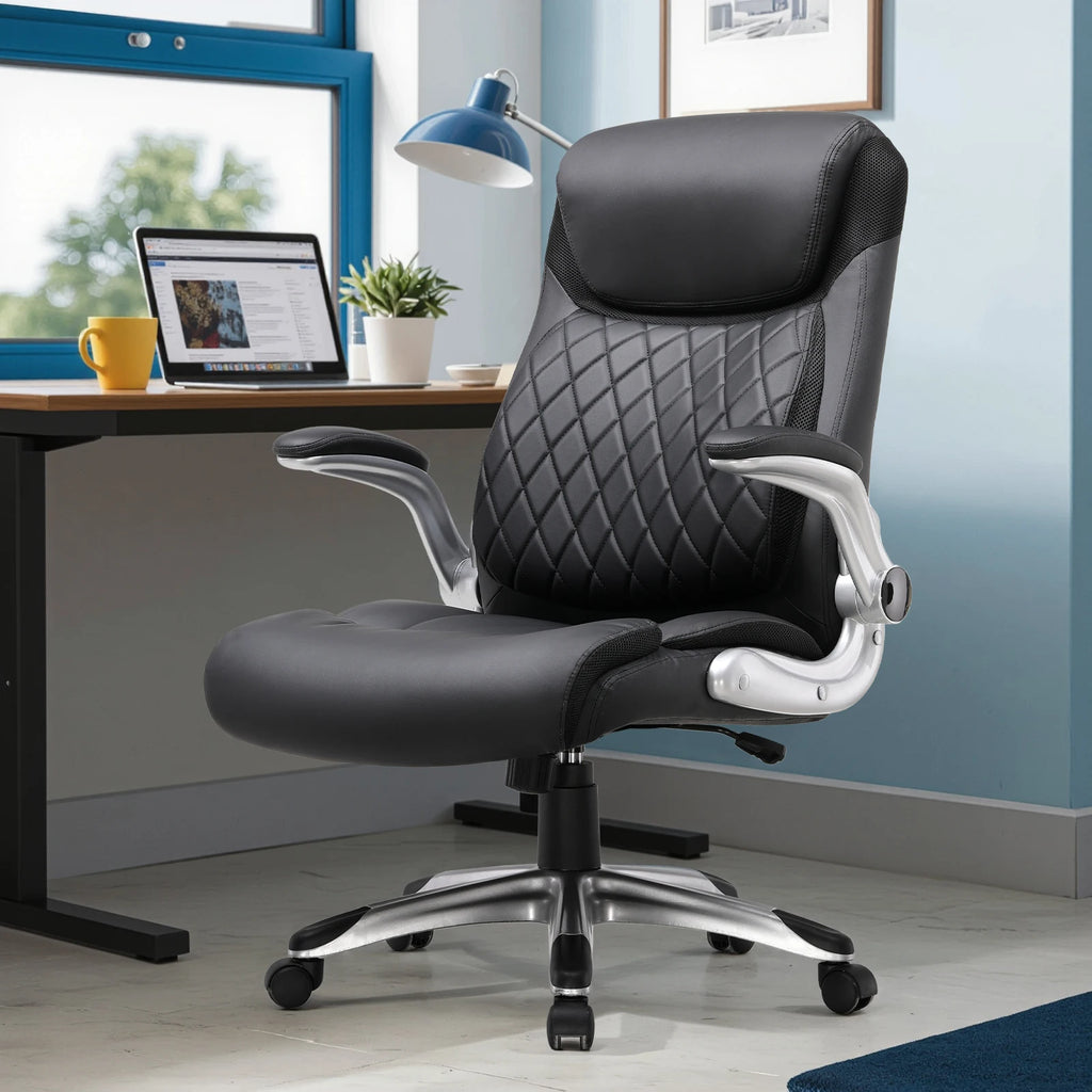 COMHOMA Ergonomischer Bürostuhl aus kratzfestem Leder – Höhenverstellbarer Drehstuhl mit hoher Rückenlehne, Wippfunktion &amp; klappbaren Armlehnen 