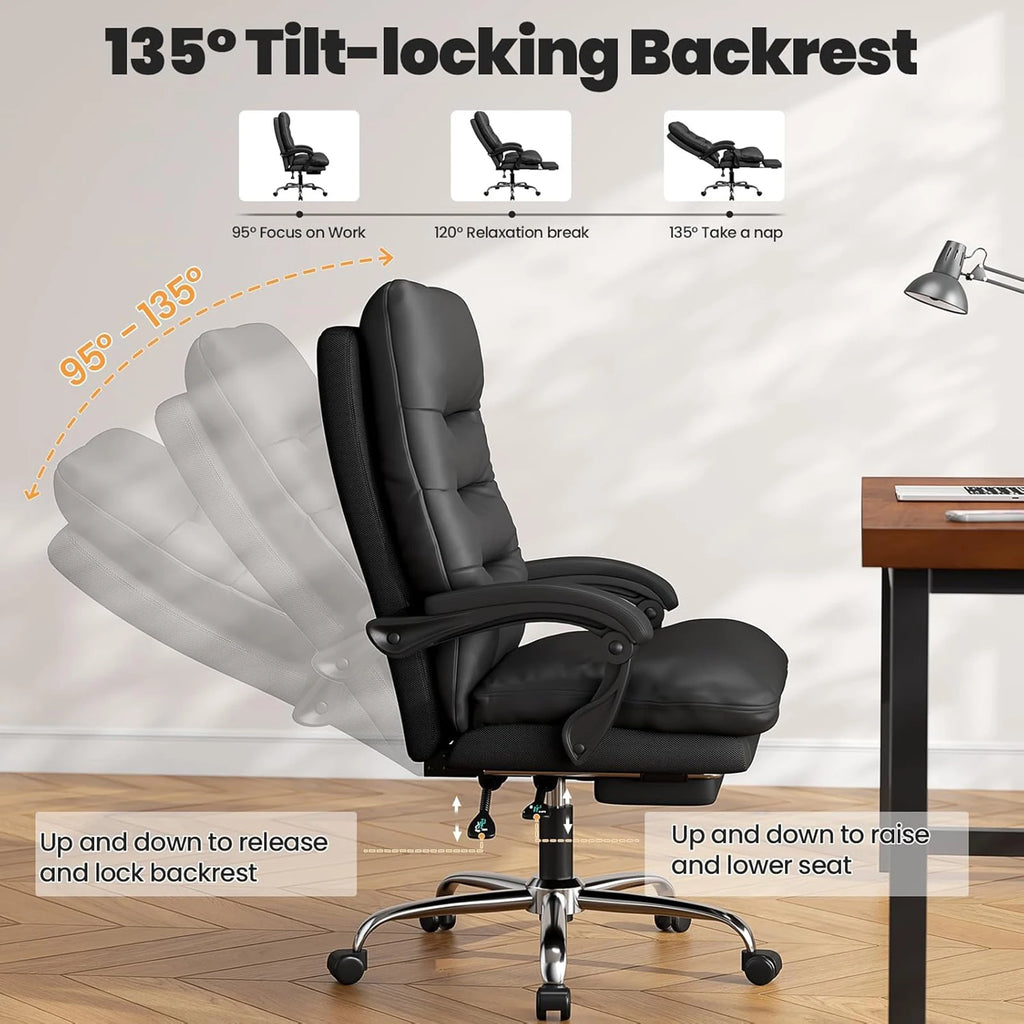 Executive Bürostuhl Big &amp; Tall aus PU-Leder mit Fußstütze – Ergonomischer Chefsessel, höhenverstellbar &amp; neigbar für Büro &amp; Homeoffice 