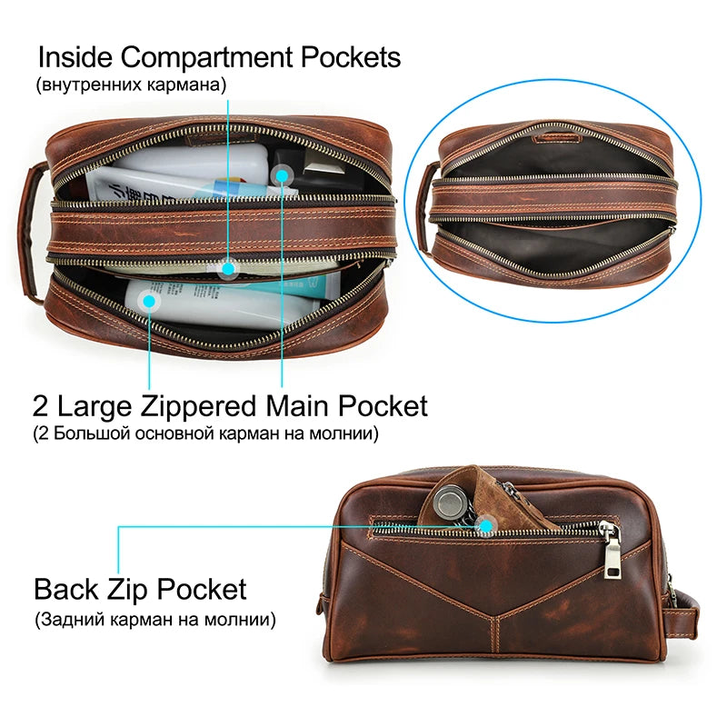 CONTACTO Herren Echtleder Kulturbeutel – Vintage Crazy Horse Leder Kosmetiktasche aus Rindsleder, kompakter Reise- &amp; Toilettenbeutel