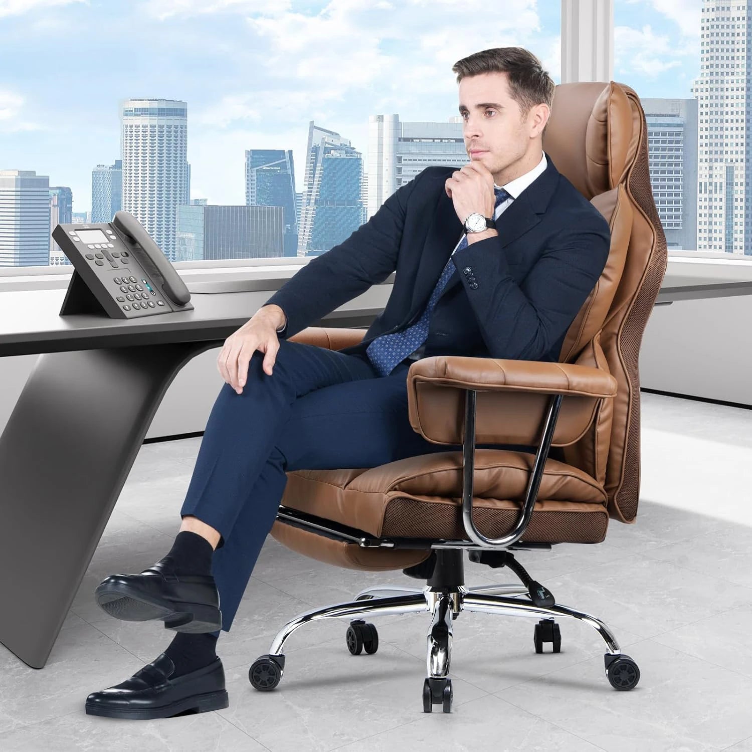 Ergonomischer Executive Bürostuhl aus PU-Leder – Höhenverstellbarer High-Back Drehstuhl mit Armlehnen, Rollen & Liegefunktion für Home Office & Büro
