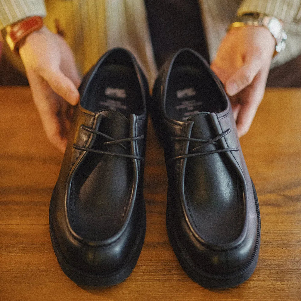 MADEN Herren Derby Schuhe Schwarz – Vintage Leder Schnürschuhe im British Style, Runde Zehenform für Business & Büro