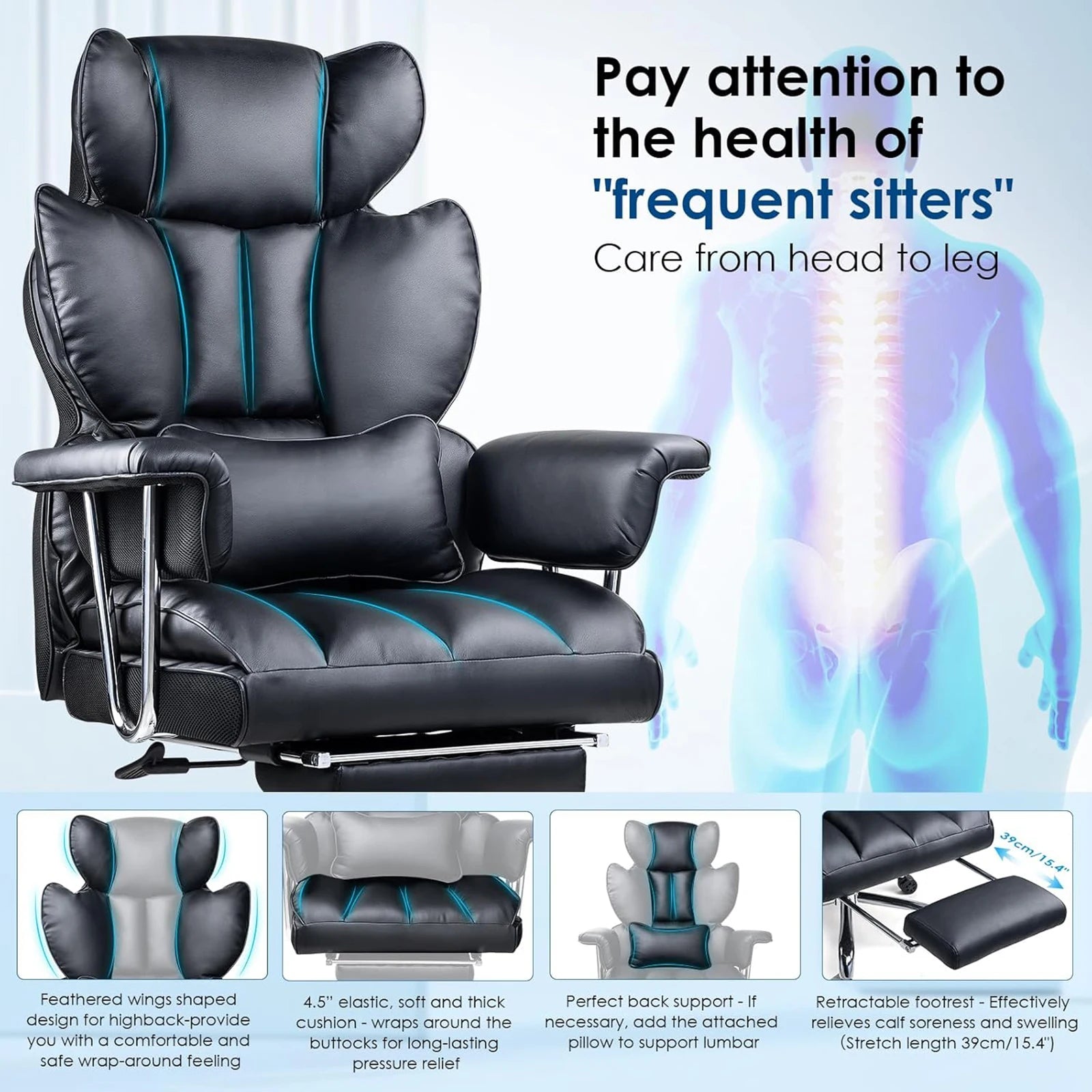 Executive Bürostuhl aus PU-Leder mit Fußstütze – Ergonomischer Chefsessel, höhenverstellbar & neigbar, Heavy-Duty Drehstuhl für Büro & Homeoffice