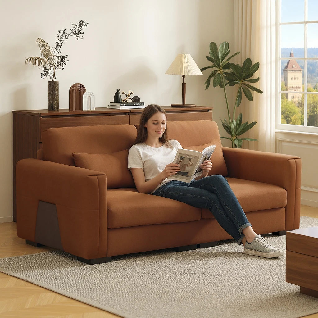 Zweisitzer Sofa in Orange-Braun – Moderner 2-Sitzer in Lederoptik mit breiten Armlehnen & weichen Polstern für stilvolles Wohnen