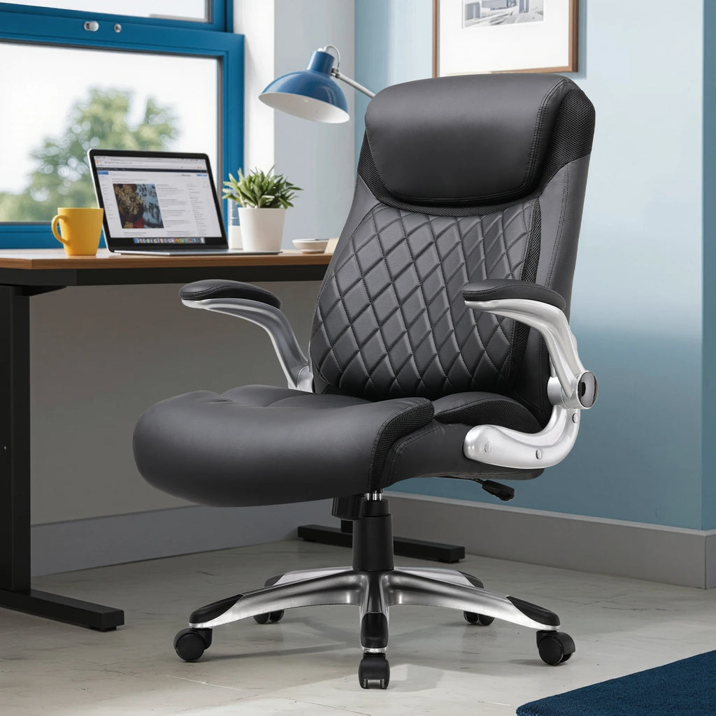 COMHOMA Ergonomischer Bürostuhl aus kratzfestem Leder – Höhenverstellbarer Drehstuhl mit hoher Rückenlehne, Wippfunktion &amp; klappbaren Armlehnen 