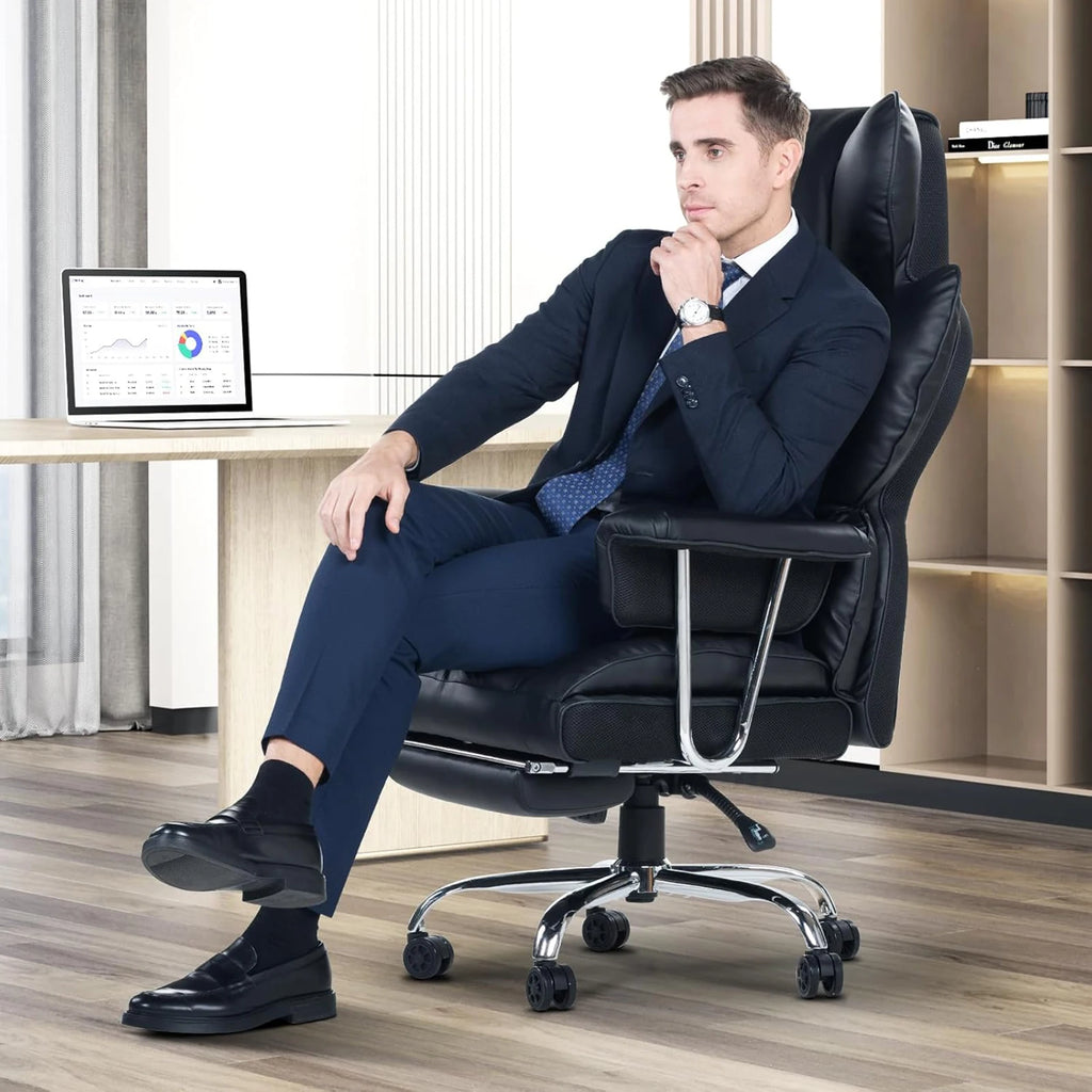 Bureau exécutif en cuir PU avec meubles de cuisine – Meuble de chef ergonomique, haut-parleur et barre à proximité, meuble de bureau robuste pour bureau et bureau à domicile 