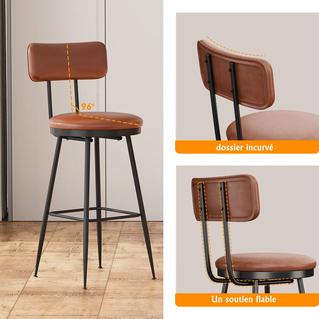 Set de 4 Barhockern mit Rückenlehne – Moderne Küchen- &amp; Tresenhocker mit Fußstütze, PU-Lederpolster, Negro