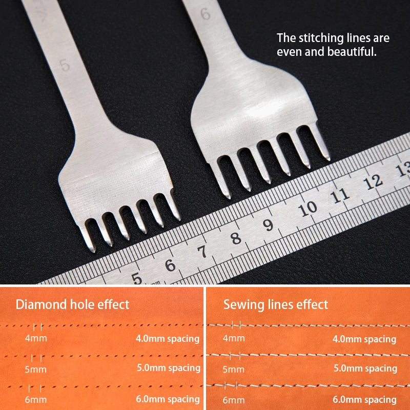 WUTA Basic Diamond Leder Chisel Set – Pricking Iron Stichwerkzeug 3–6 mm mit 1–2–4–6 Zinken für sauberes Leder Nähen