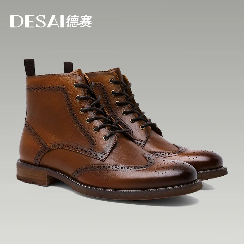 Desai Herren Brogue Lederstiefel – Fleecegefütterte Ankle Boots aus echtem Leder, modische Schnür- und Reißverschluss-Stiefel