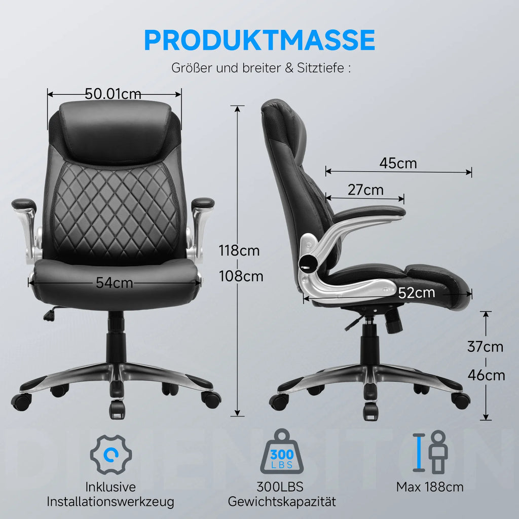 COMHOMA Ergonomischer Bürostuhl aus kratzfestem Leder – Höhenverstellbarer Drehstuhl mit hoher Rückenlehne, Wippfunktion &amp; klappbaren Armlehnen 