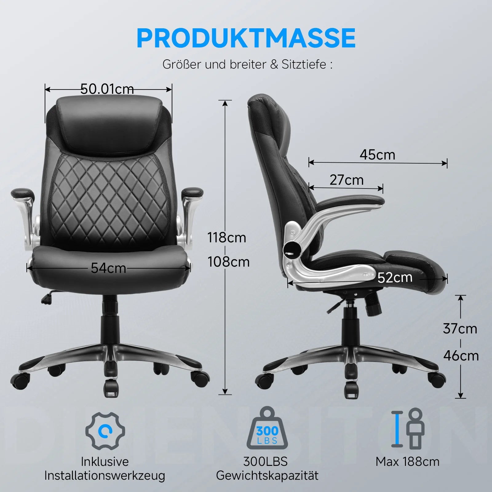 COMHOMA Ergonomischer Bürostuhl aus kratzfestem Leder – Höhenverstellbarer Drehstuhl mit hoher Rückenlehne, Wippfunktion &amp; klappbaren Armlehnen 