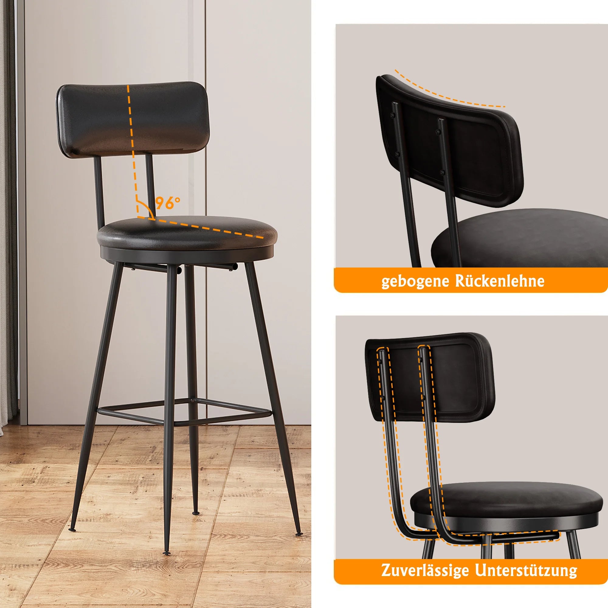 Rosahqnda Barhocker Set (2er/4er) – Moderne Barstühle mit Rückenlehne, 65 cm Sitzhöhe, Kunstleder & 4-Bein-Gestell für Küche & Bar
