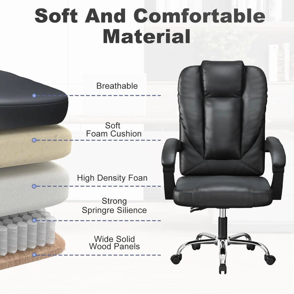 Ergonomischer Bürostuhl aus PU-Leder – Höhenverstellbarer Executive Drehstuhl mit High-Back Rückenlehne, Federpolster & Rollen
