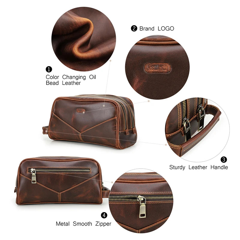 CONTACTO Herren Echtleder Kulturbeutel – Vintage Crazy Horse Leder Kosmetiktasche aus Rindsleder, kompakter Reise- &amp; Toilettenbeutel