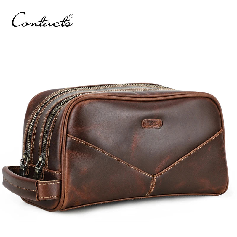 CONTACTO Herren Echtleder Kulturbeutel – Vintage Crazy Horse Leder Kosmetiktasche aus Rindsleder, kompakter Reise- &amp; Toilettenbeutel