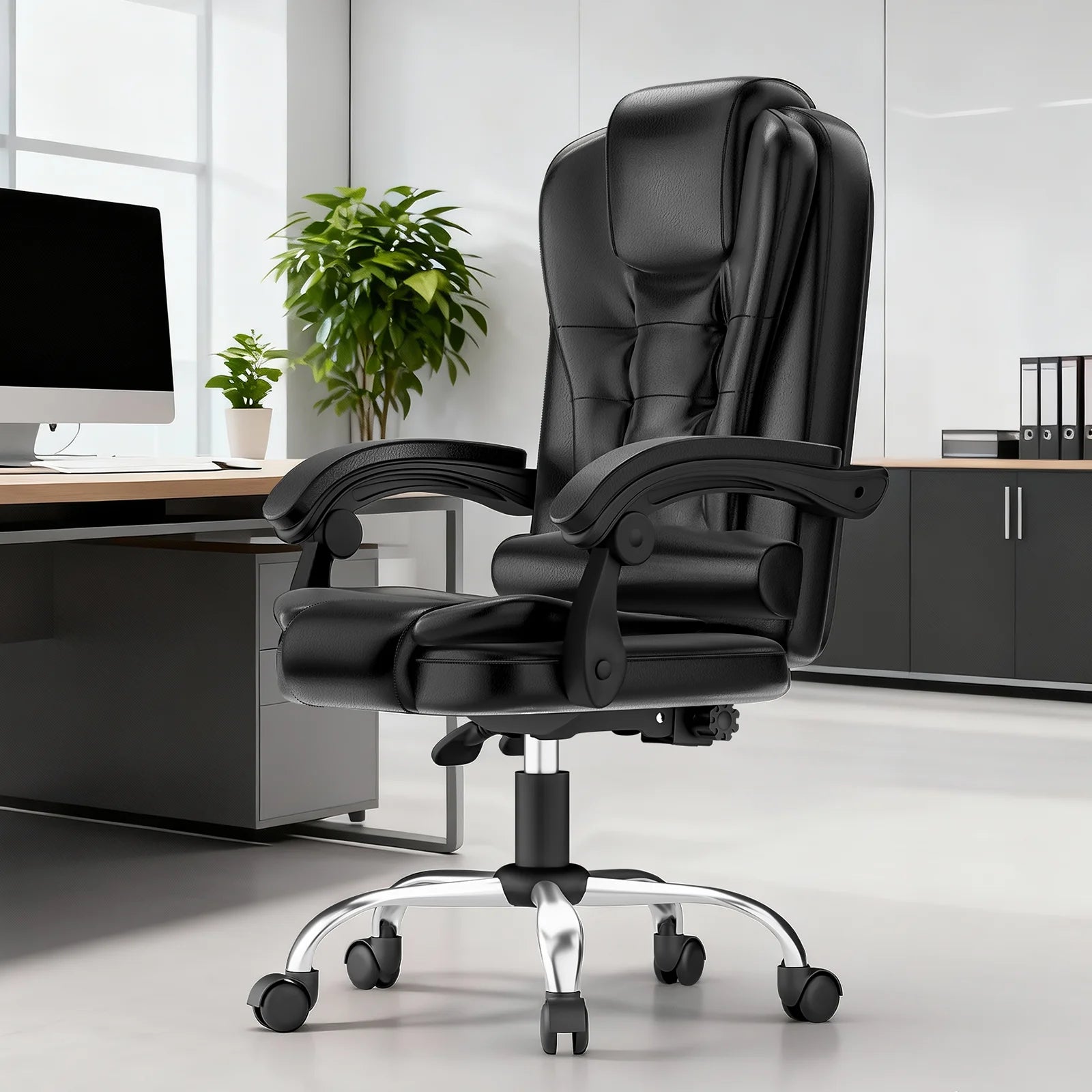 Ergonomischer Bürostuhl mit hoher Rückenlehne aus PU-Leder – Höhenverstellbarer Drehstuhl mit Wippfunktion & Rollen für Büro & Homeoffice