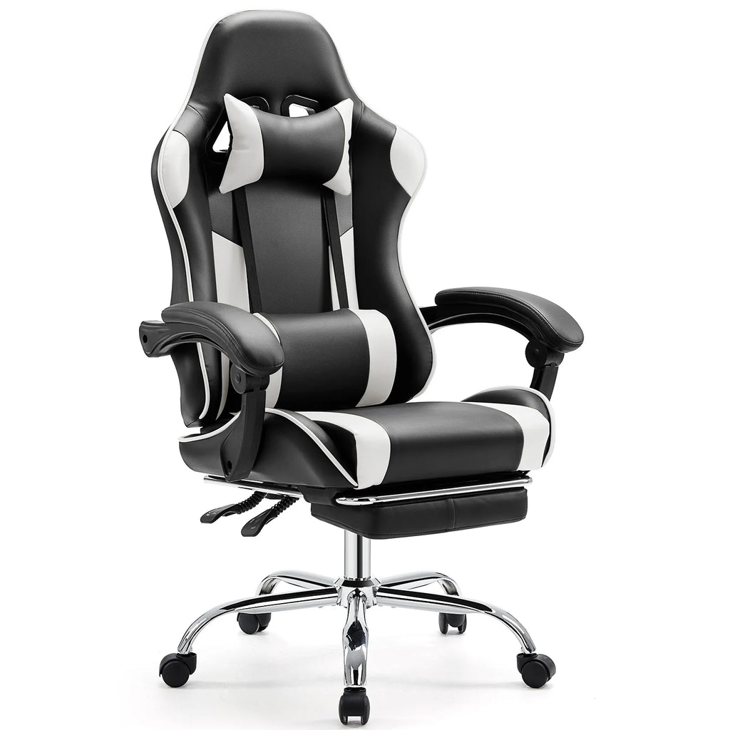 JHK Ergonomischer Gaming Stuhl aus PU-Leder – Höhenverstellbarer Drehstuhl mit Kopfstütze, Lendenstütze &amp; Rollen für Büro &amp; Wohnzimmer