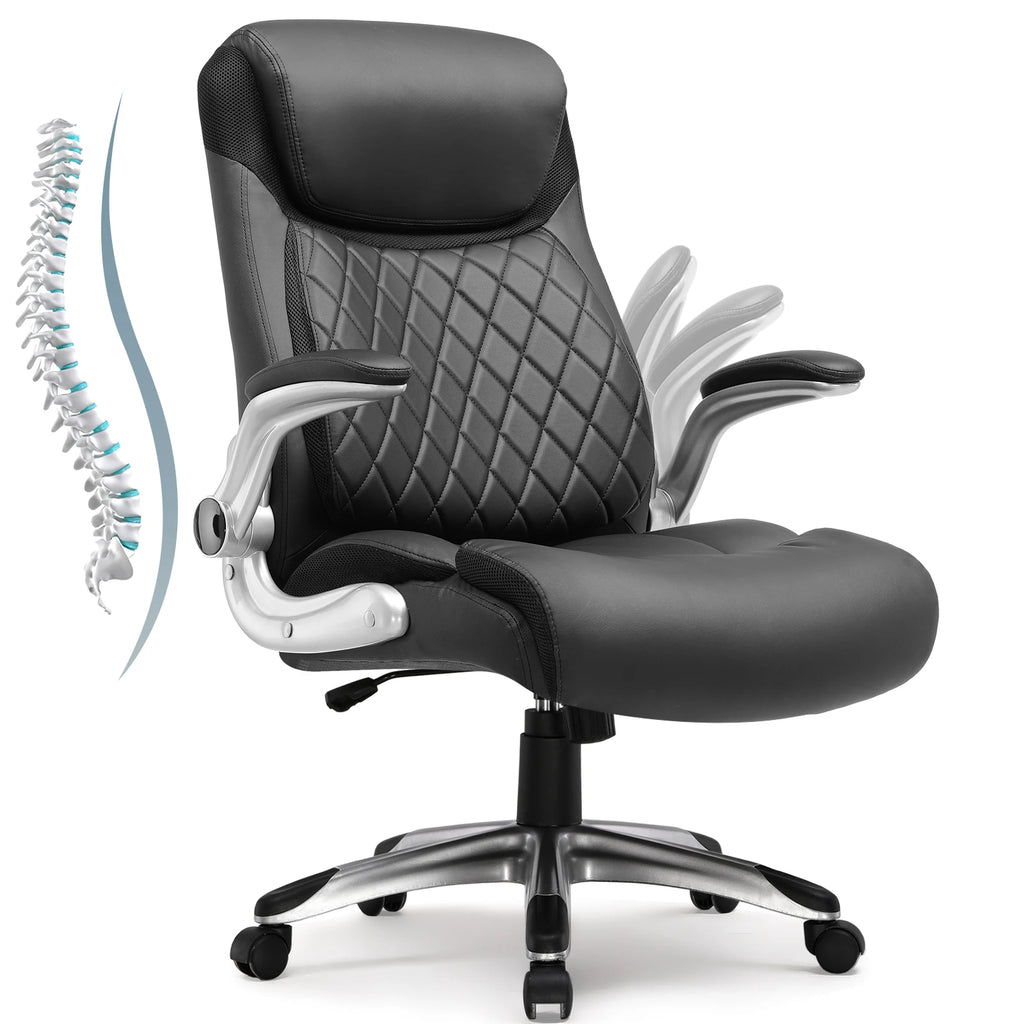 COMHOMA Ergonomischer Bürostuhl aus kratzfestem Leder – Höhenverstellbarer Drehstuhl mit hoher Rückenlehne, Wippfunktion &amp; klappbaren Armlehnen 
