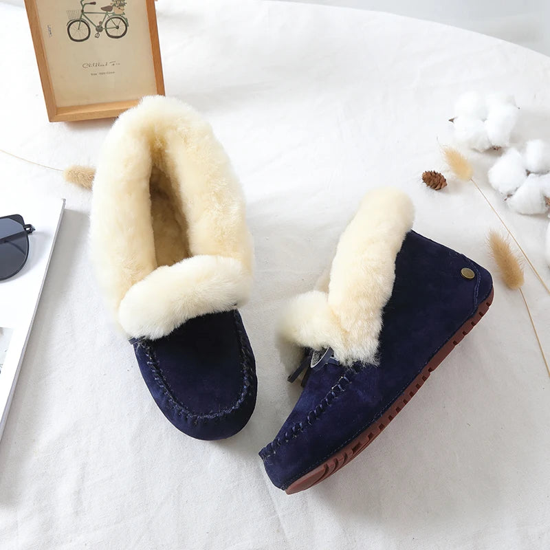 GRWG Damen Winter Flats – Handgefertigte Loafers aus echtem Pigskin-Leder mit Schafwoll-Innensohle, rutschfeste Slip-On Mokassins