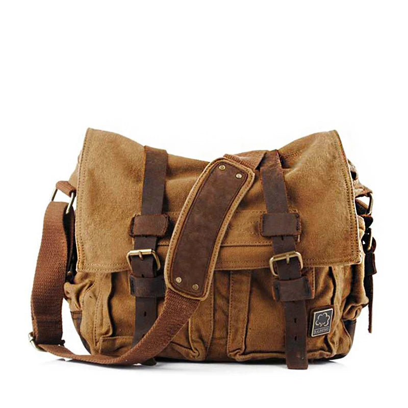 IGETBAG Unisex Messenger Bag – Vintage Canvas & Leder, Crossbody Schultertasche für Damen & Herren, Casual Travel Bag