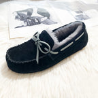 GRWG Chaussures plates en cuir pour femme – Mocassins faits à la main en cuir véritable avec loup, chaussures à enfiler chaudes pour l'hiver