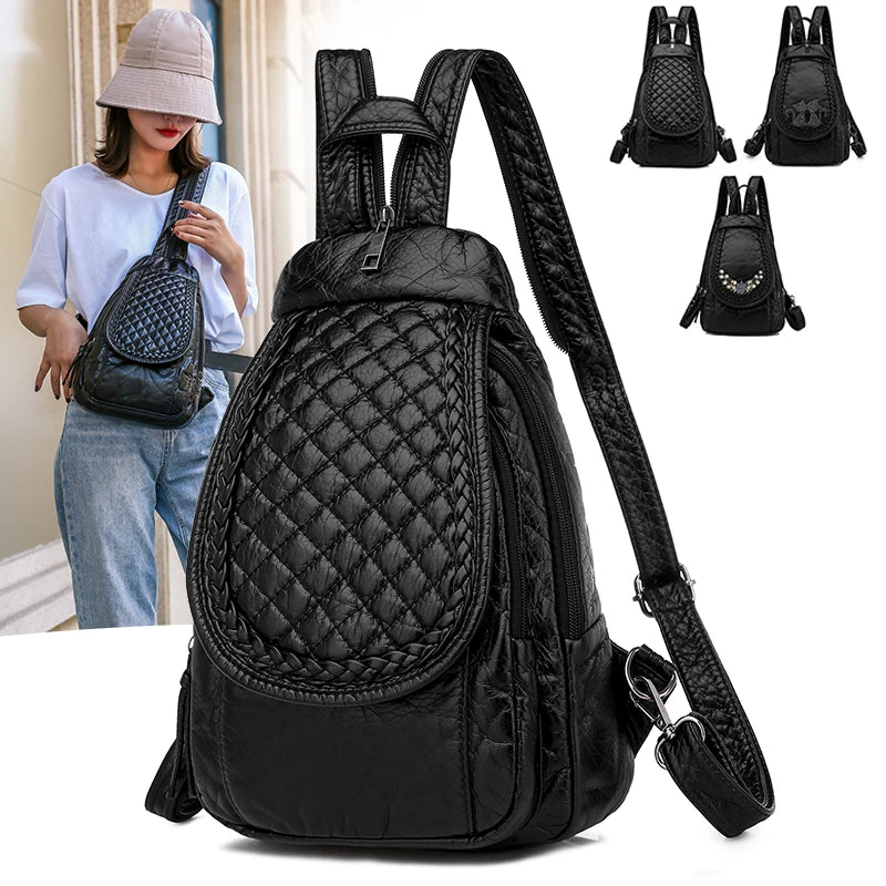 KMFFLY Damen Rucksack Weiß – Weicher Washed PU Leder Rucksack mit Blumenstickerei, klein & vielseitig