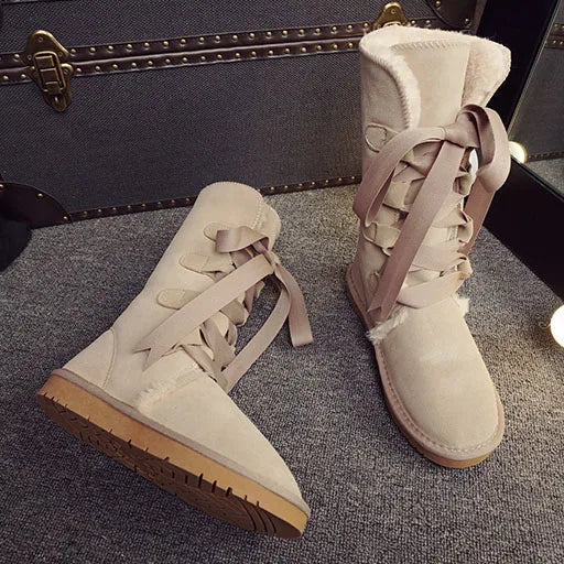 GRWG Damen Schneestiefel aus 100 % echtem Rindsleder – Kniehohe Winterstiefel mit Warmfutter &amp; flacher Sohle