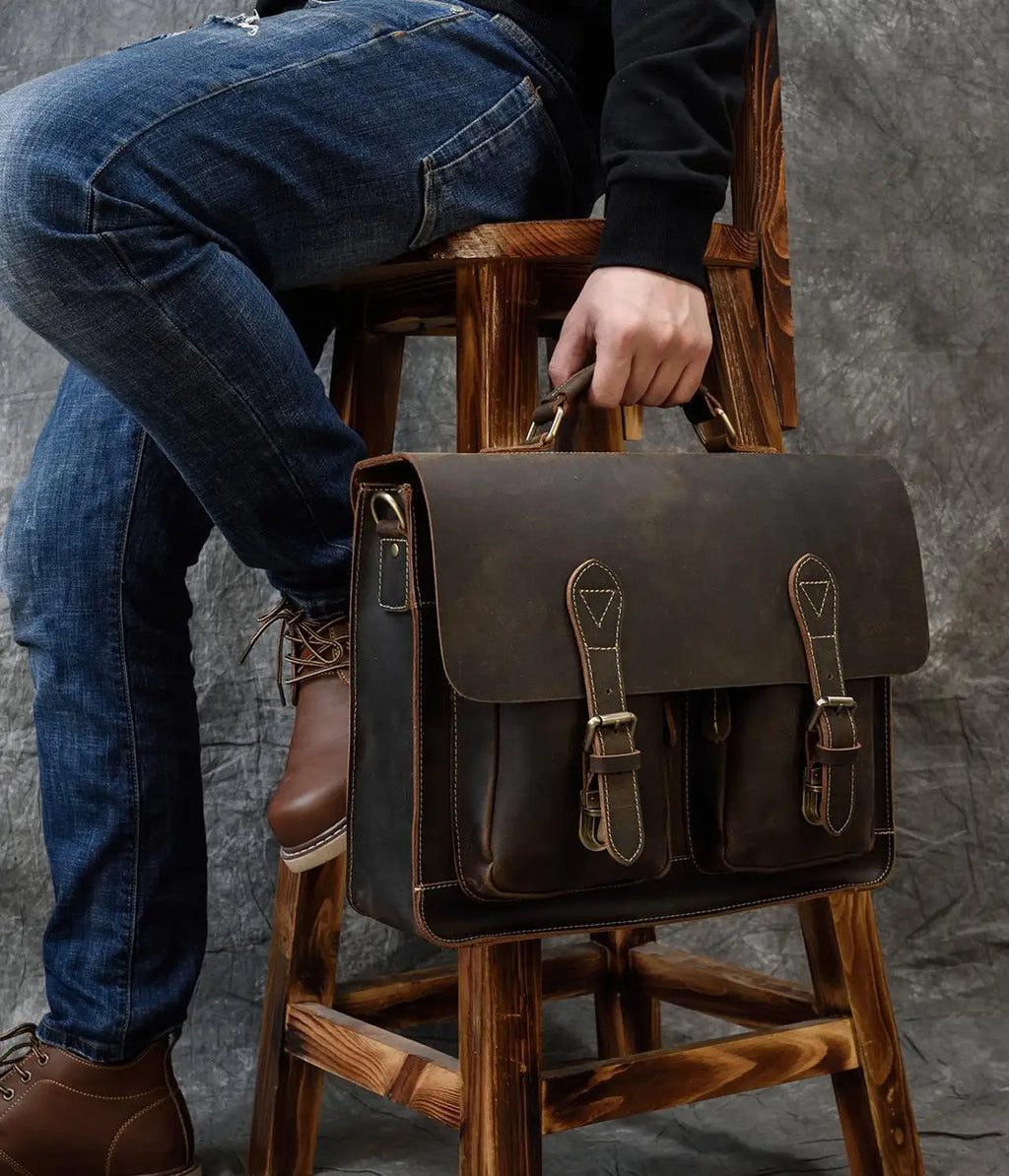 Luufan Vintage Herren Aktentasche aus echtem Crazy-Horse-Leder - Bolsa grande para negocios y portátiles con bolsa de seguridad para 15 pulgadas 