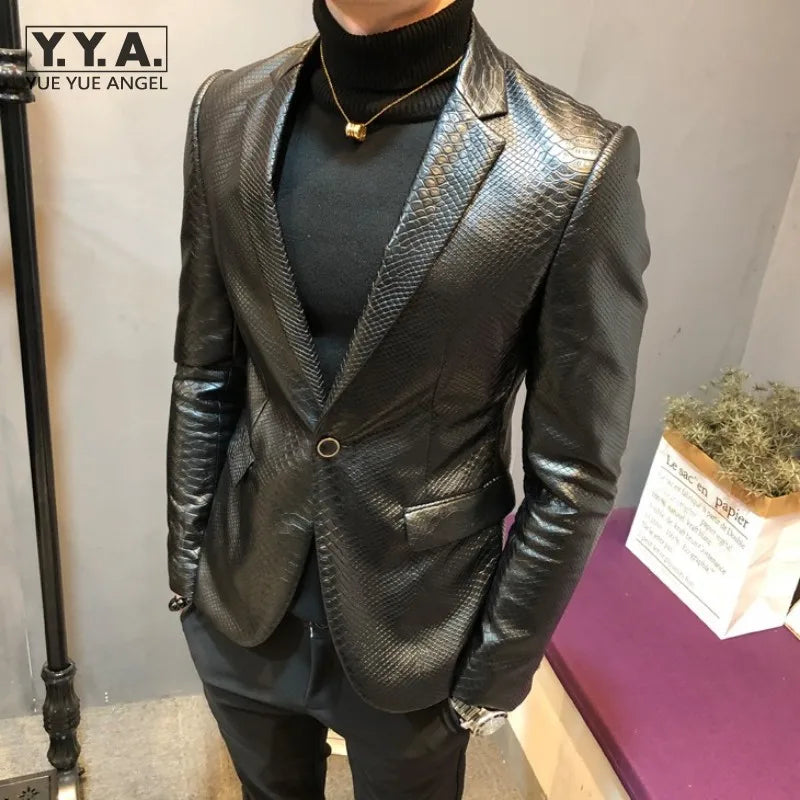 Herren PU Lederblazer mit Schlangenprägung – Slim Fit Smart-Casual Sakko mit Fleece-Futter für Business & Herbst/Winter