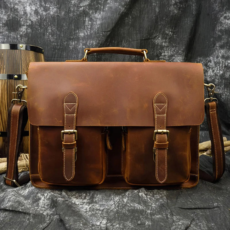 Luufan Vintage Herren Aktentasche aus echtem Crazy-Horse-Leder - Bolsa grande para negocios y portátiles con bolsa de seguridad para 15 pulgadas 