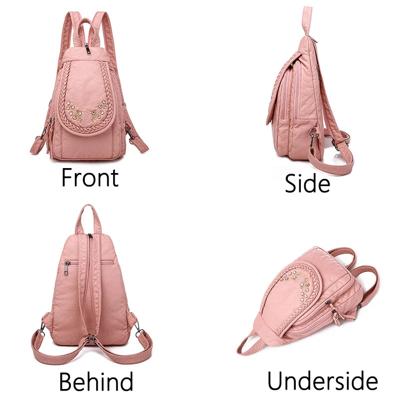 LANYIBAIGE Damen Leder-Rucksack – Kleiner Fashion Rucksack mit Stickerei, weich & leicht für Schule, Alltag & Reisen