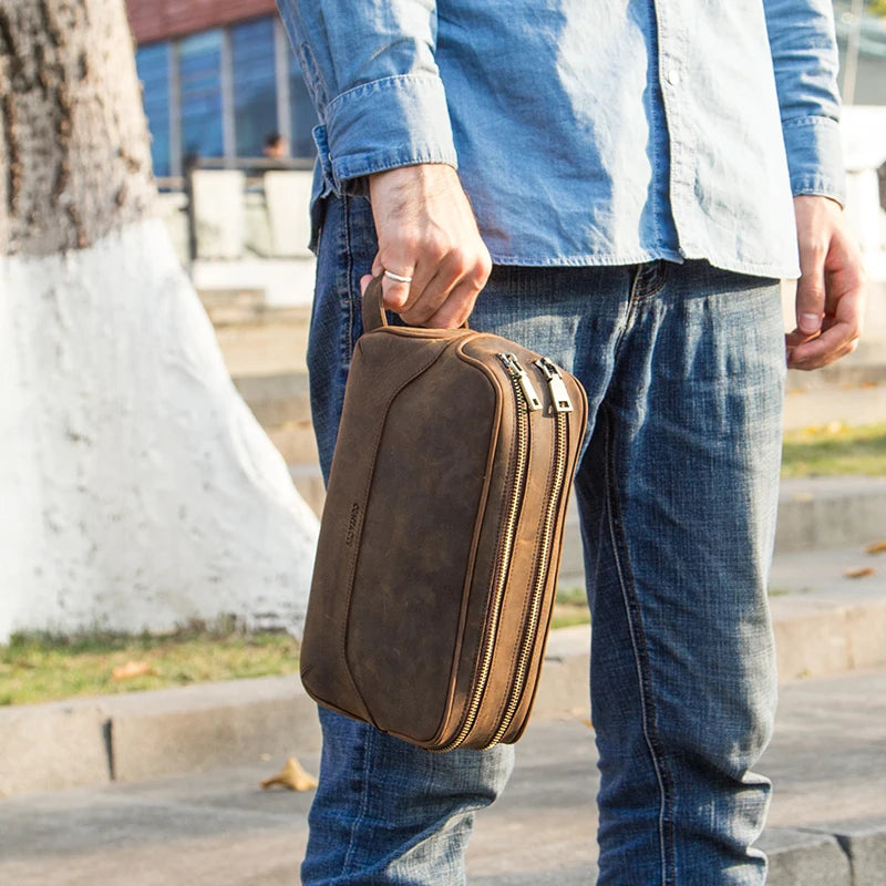 Contact'S Herren Kosmetiktasche aus echtem Leder – Luxus Kulturbeutel aus Rindsleder, große Kapazität, Vintage Reise-Organizer 