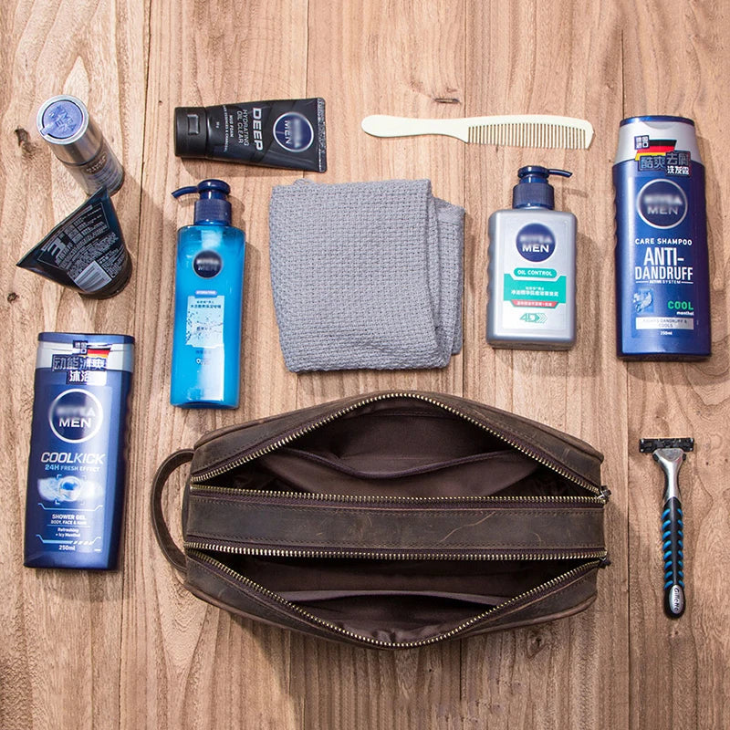 Contact'S Herren Kosmetiktasche aus echtem Leder – Luxus Kulturbeutel aus Rindsleder, große Kapazität, Vintage Reise-Organizer 