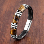 Tigerauge Lederarmband für Damen & Herren – Naturstein Armband mit schwarzem Lederband & Edelstahl-Magnetverschluss, modernes Unisex Schmuckstück