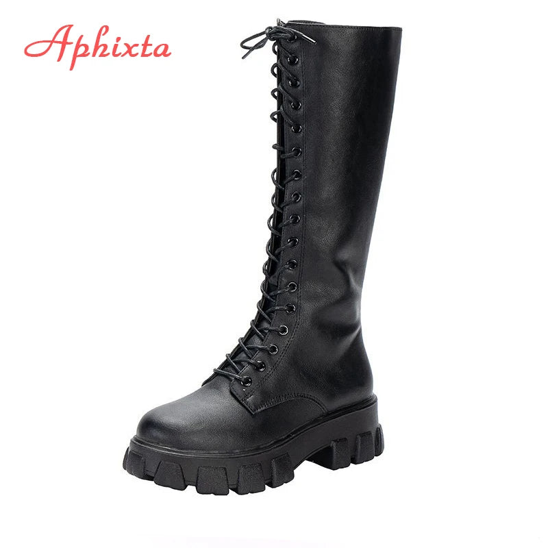 Aphixta Damen Langschaftstiefel Weiß – Modische High-Heel Schnürstiefel aus PU-Leder mit Plateau & spitzer Zehenform