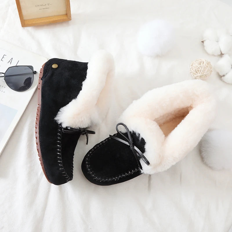 GRWG Damen Winter Flats – Handgefertigte Loafers aus echtem Pigskin-Leder mit Schafwoll-Innensohle, rutschfeste Slip-On Mokassins