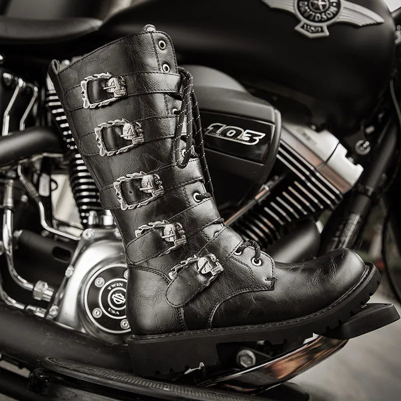 OLOMM Herren Motorrad- & Combat Boots – Punk Gothic Mid-Calf Stiefel aus PU Leder, Rock-Punk Schuhe, Größen 38-46