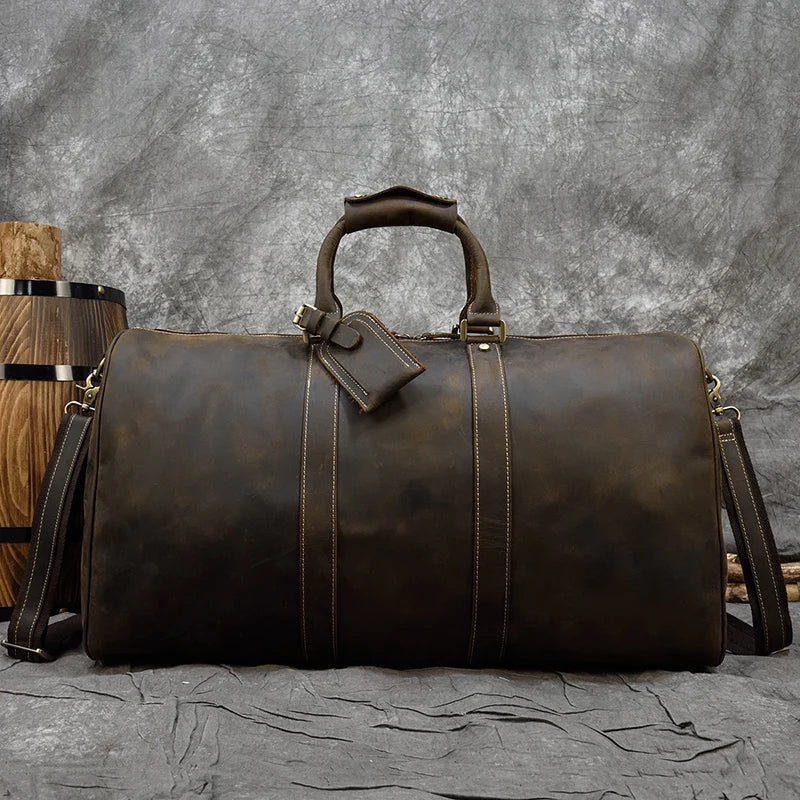 Newsbirds 60 cm Vintage Leder Reisetasche für Herren – Grand sac de week-end au véritable sac à dos pour voyage d'affaires à 3 étages 