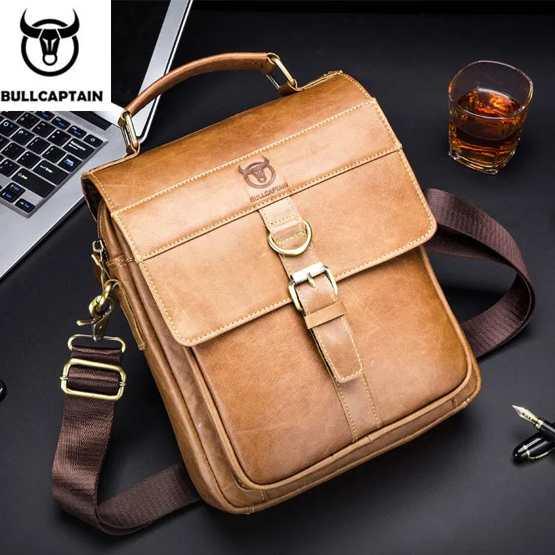 BULLCAPTAIN Herren Leder Schultertasche – Retro Business Crossbody Bag mit Großer Kapazität