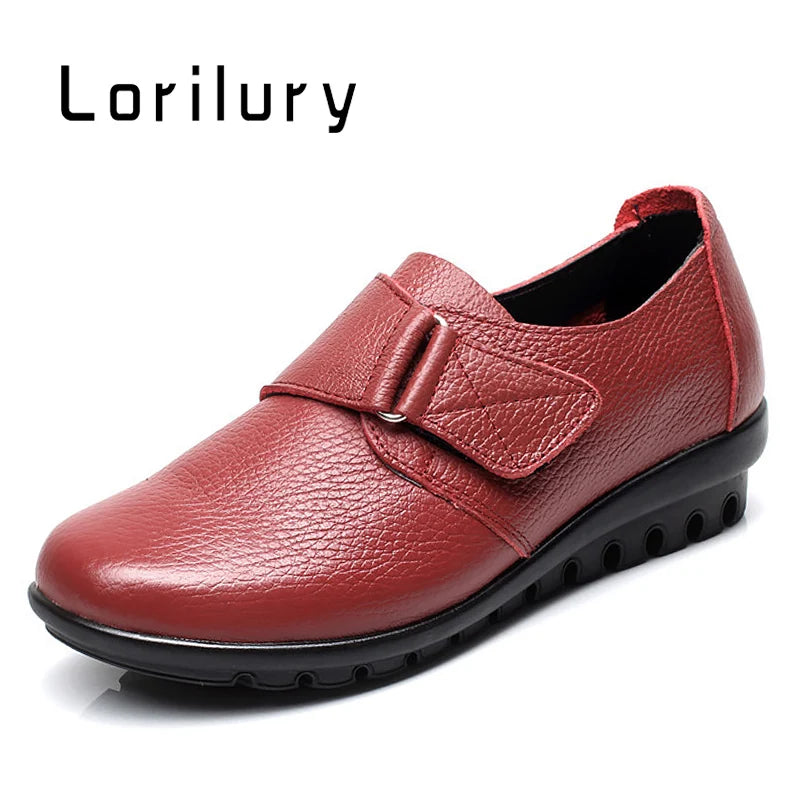 Lorilury Damen Leder Moccasins – Bequeme Wedges mit Klettverschluss, rutschfeste Flats für breite Füße