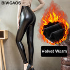 BIVIGAOS Damen PU Leder Leggings – High Waist, elastisch & warm gefüttert, Slim Fit Winter Leggings in Schwarz