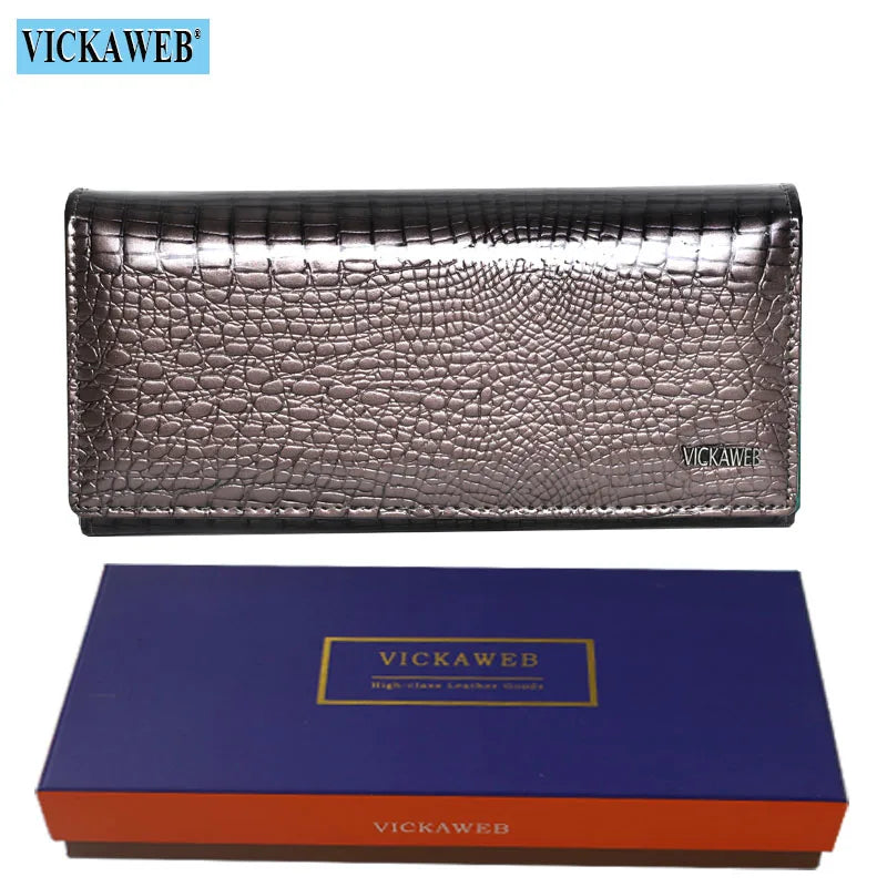 VICKAWEB Damen Geldbörse aus echtem Leder - Lange Fashion Wallet mit Doppel-Reißverschluss, großer Kapazität &amp; Alligator-Prägung (VK-AE501) 