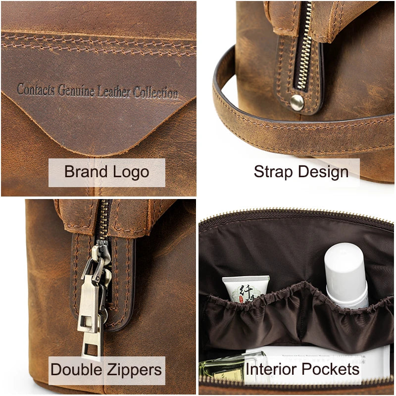 Herren Kulturbeutel aus echtem Crazy Horse Leder – Vintage Reisekosmetiktasche mit großer Kapazität 