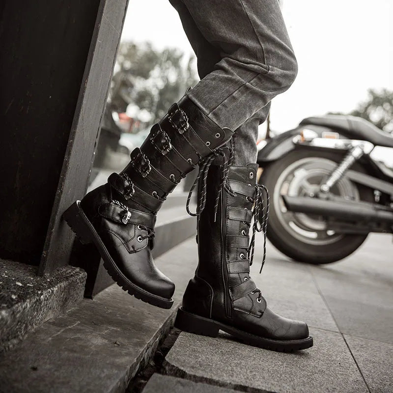OLOMM Herren Motorrad- & Combat Boots – Punk Gothic Mid-Calf Stiefel aus PU Leder, Rock-Punk Schuhe, Größen 38-46