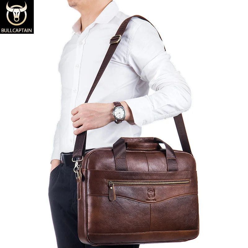 BULLCAPTAIN Herren Aktentasche aus echtem Rindsleder – Business Messenger Bag &amp; Schultertasche für 14-Zoll Laptop