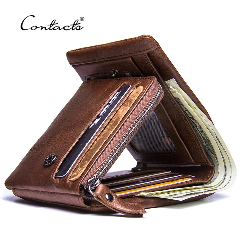CONTACT’S Herren Geldbörse aus echtem Crazy Horse Leder – Vintage Trifold Wallet mit Reißverschluss-Münzfach, Karten- und Fotoeinschub