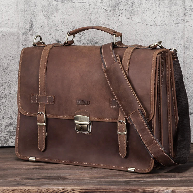 CONTACT’S Herren Aktentasche aus Crazy Horse Leder – Business-Laptop Bag für 14-Zoll Geräte, Hochwertige Ledertasche für Männer